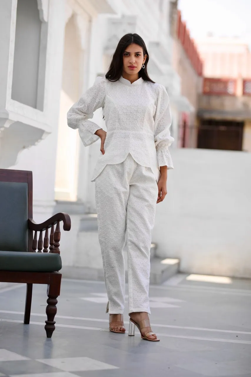 Ora chikankari shiffly white co-ord set