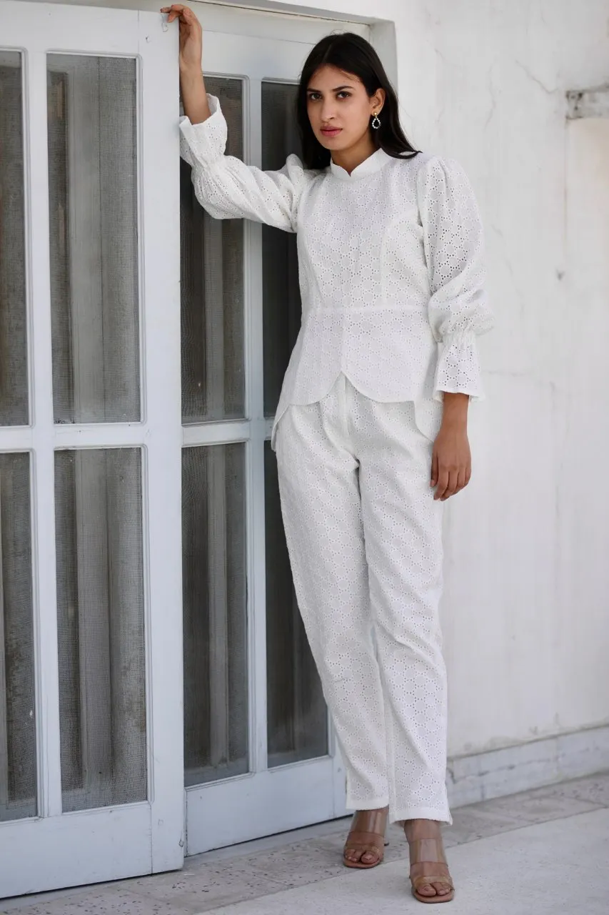 Ora chikankari shiffly white co-ord set