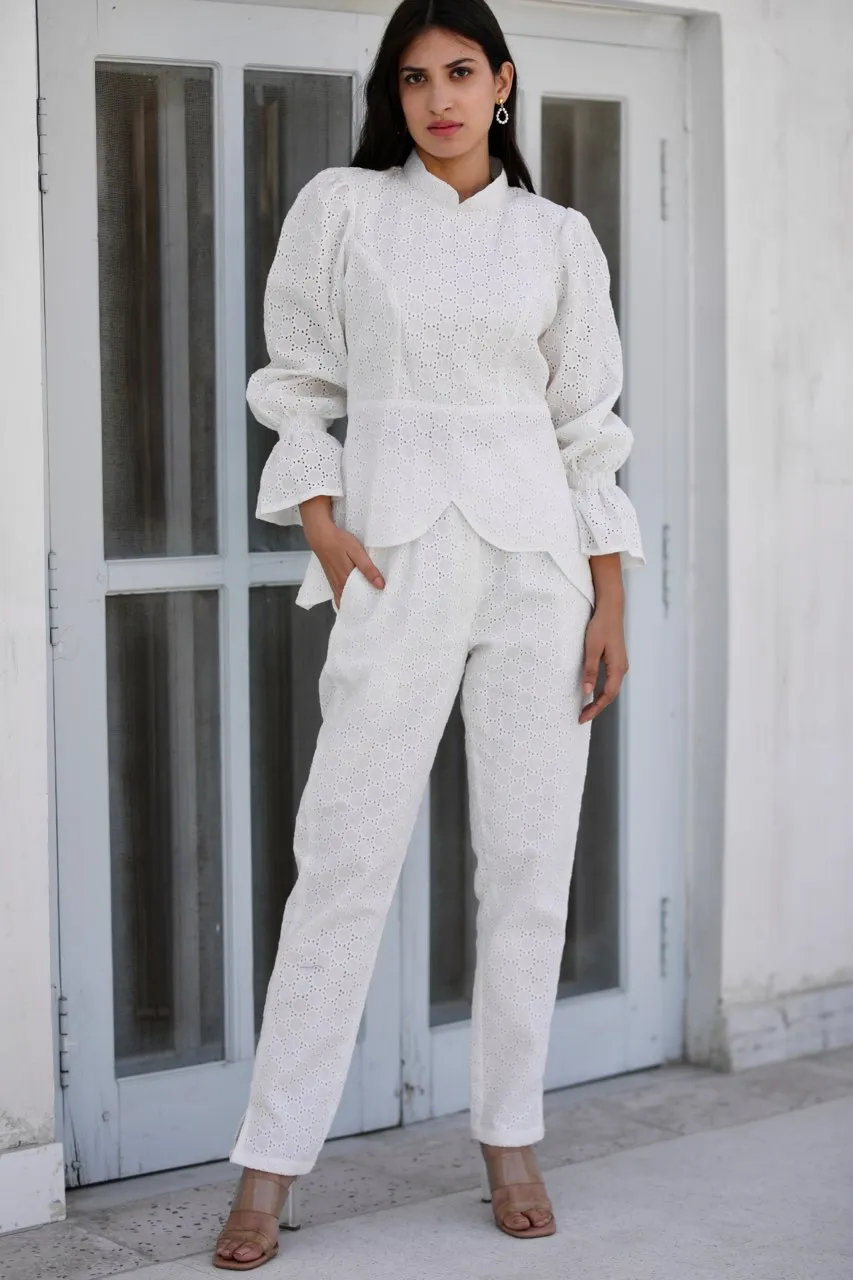 Ora chikankari shiffly white co-ord set