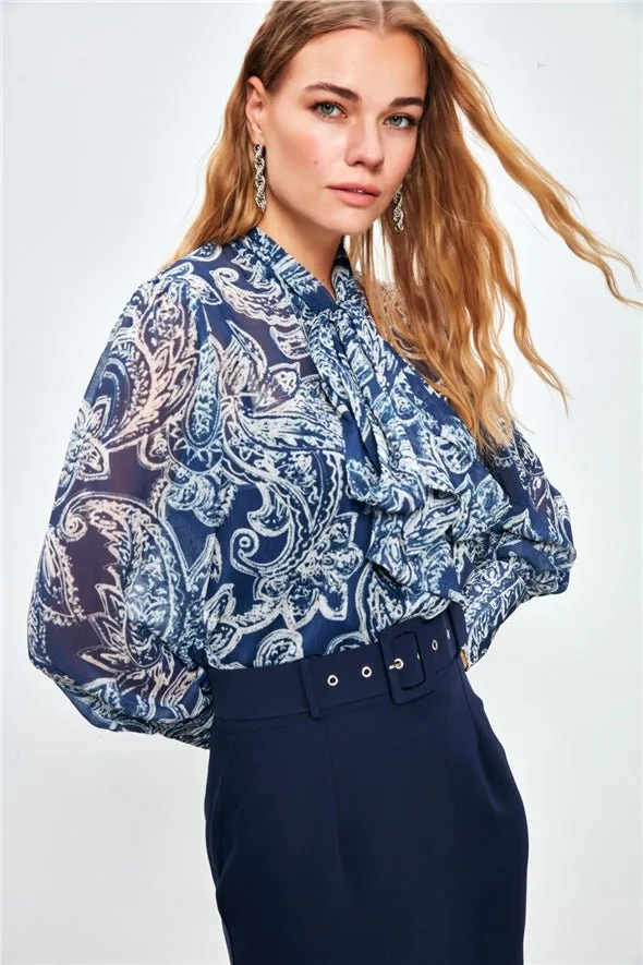 Patterned Georgette Shirt with Bow Tie Neck and a Cami - Navy Blue