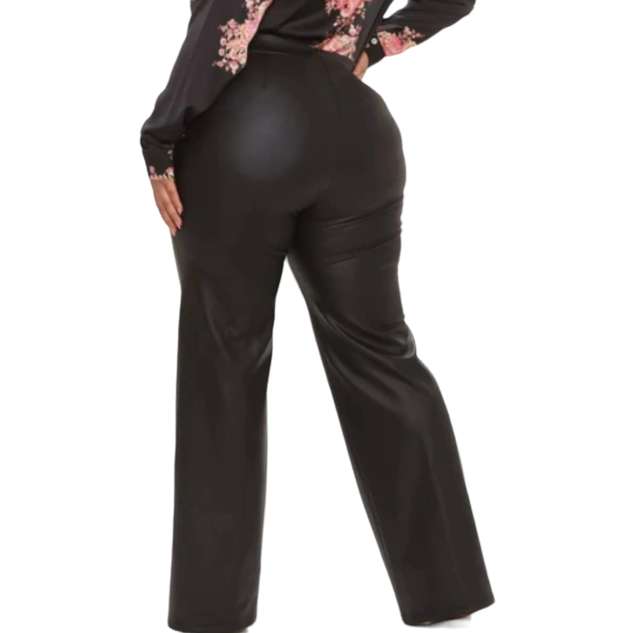 Women's Plus Size Black Faux Leather Wide Leg Pants