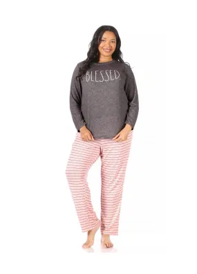 Women's Plus Size "BLESSED" Long Sleeve Top and Tapered Pant Pajama Set