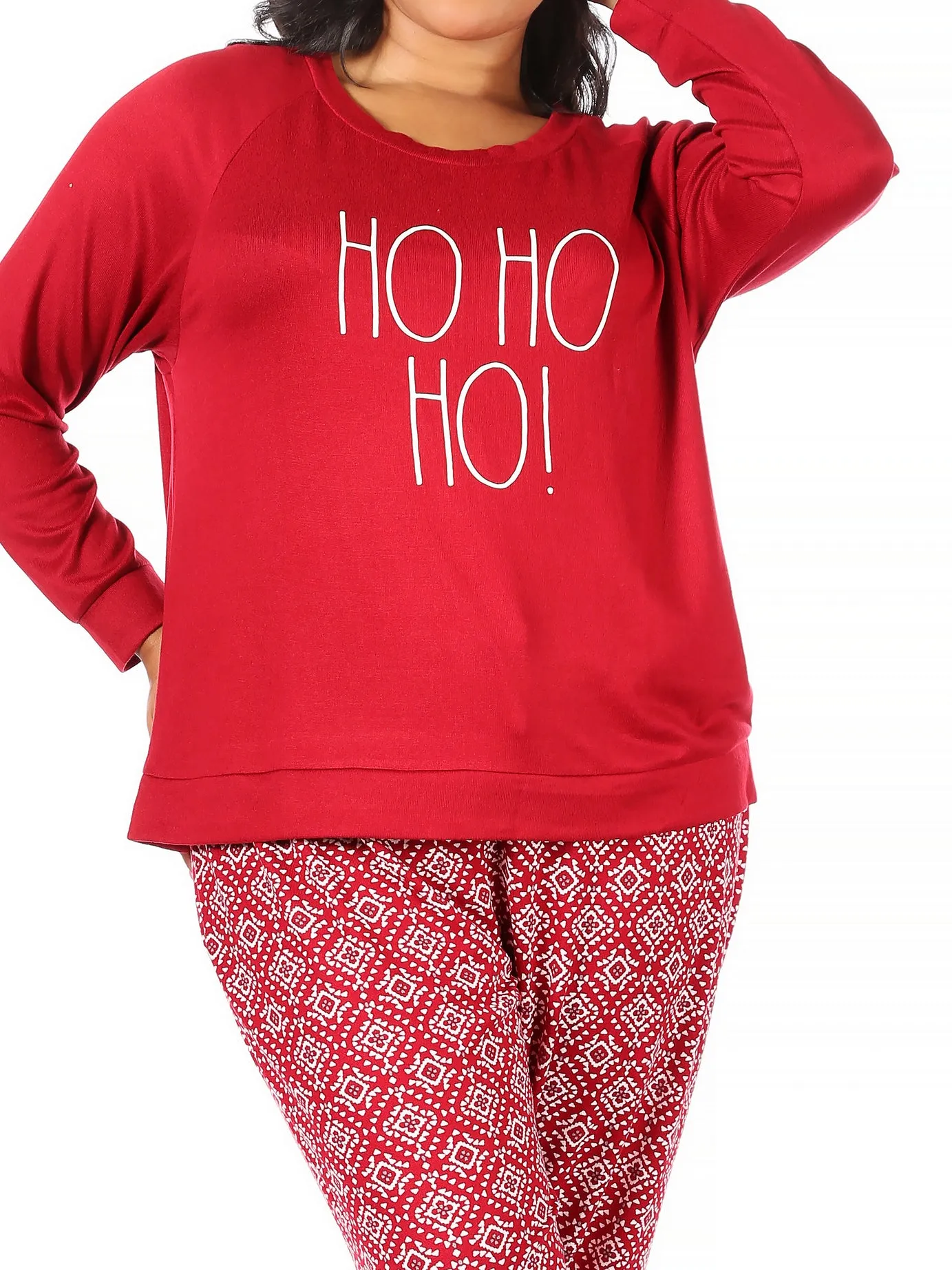 Women's "HO HO HO" Plus Size Hacci Long Sleeve Top and Jogger Pajama Set