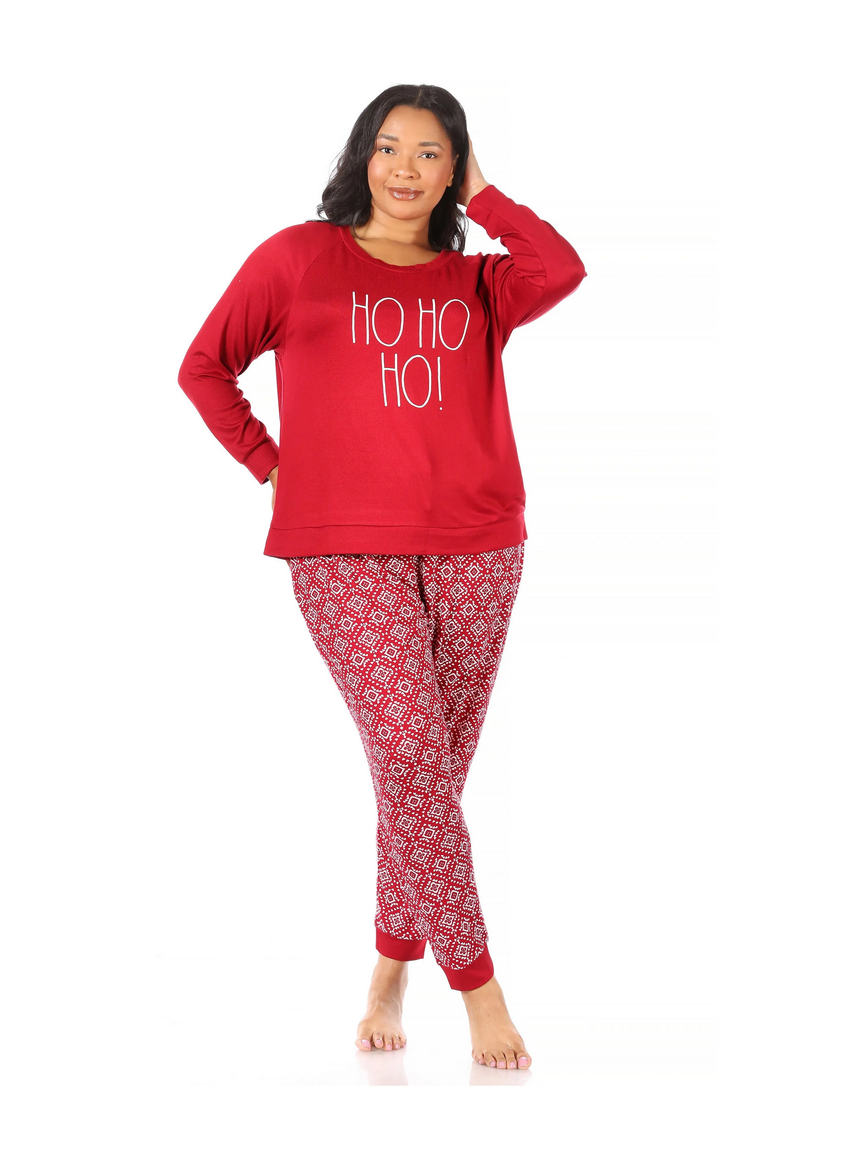 Women's "HO HO HO" Plus Size Hacci Long Sleeve Top and Jogger Pajama Set