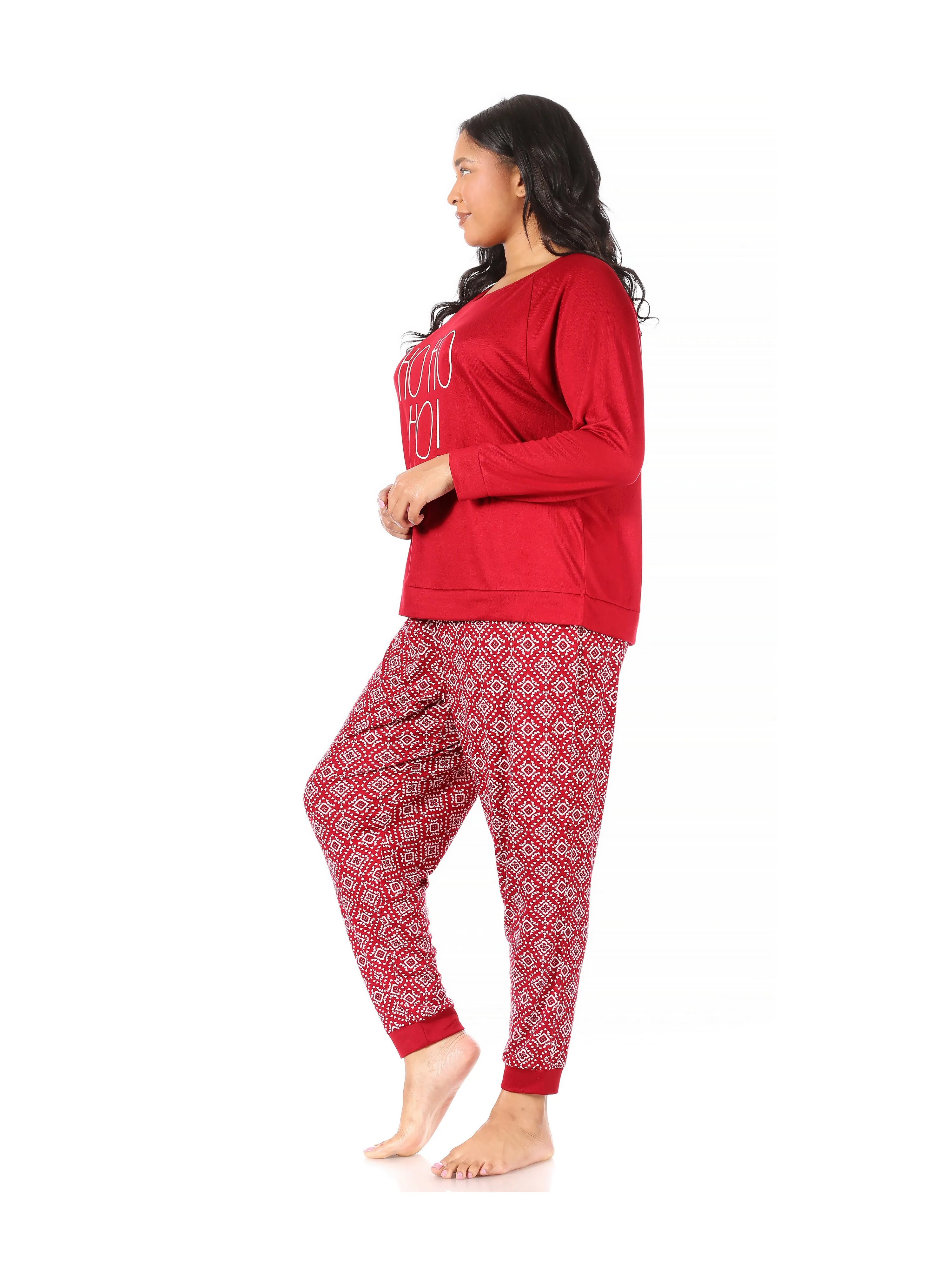 Women's "HO HO HO" Plus Size Hacci Long Sleeve Top and Jogger Pajama Set